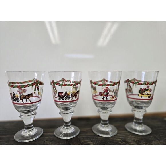 Christmas Vintage 7" Pedestal Goblets  Time in the City Chuck Fisher Set of‎ 4 - Picture 1 of 11